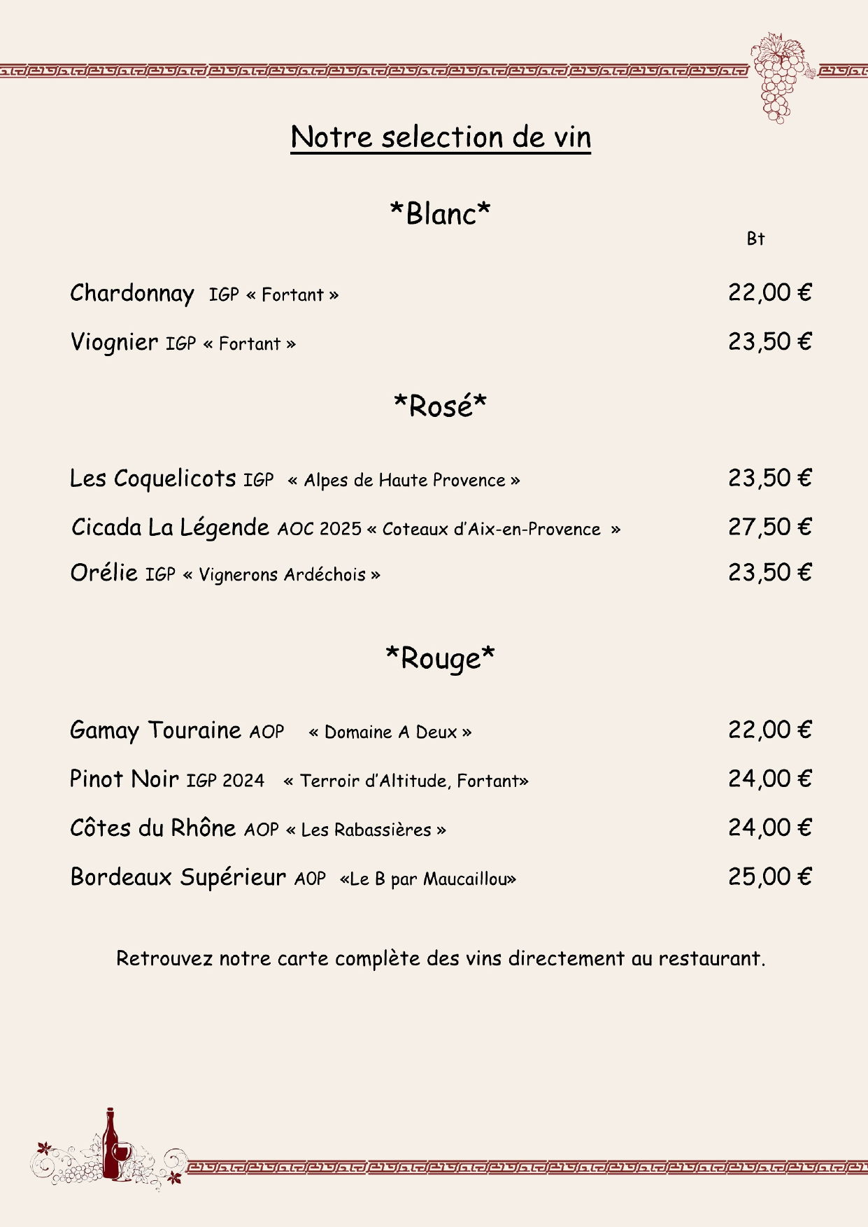 Carte des boissons Cathay Palace — page 1